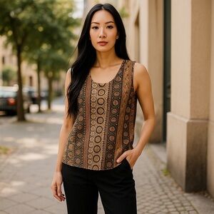 Black, tan & brown pattern Petra Fashions sleeveless blouse. EUC.